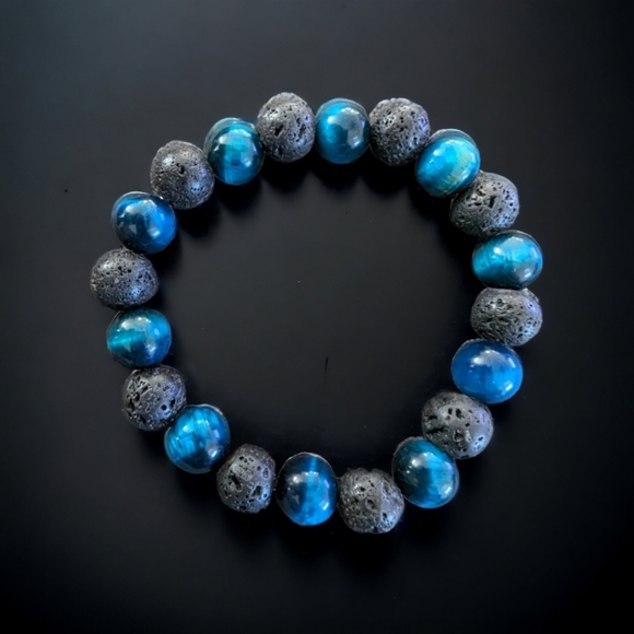 Other - Lake Blue Tiger Eye & Lava Bracelet - 10mm Unisex Natural Stones Handmade